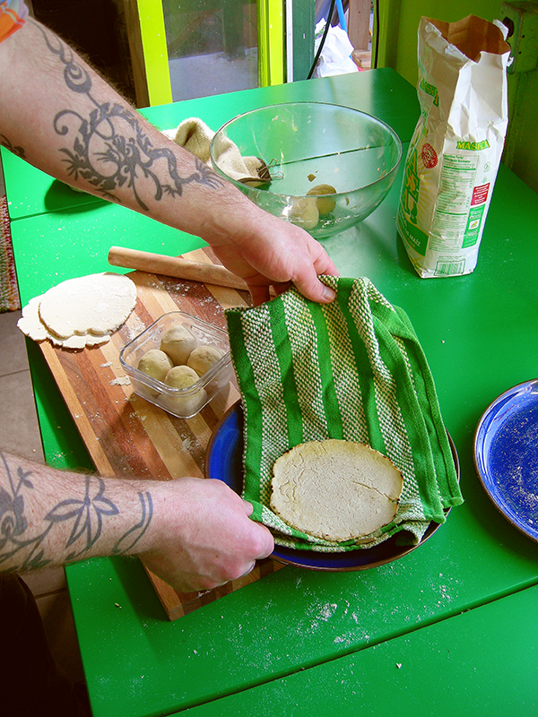 East Van Kitchen's homemade tortillas, using masa harina, a pinch of salt and a sprinkle of water!