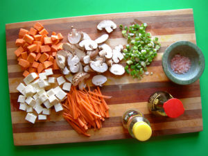 Japanese Night at EVK: Suimono Soup is a comforting clear broth soup made with simple and accessible ingredients. Try boiling the lightly salty soy sauce and sesame oil broth with sweet potatoes, shiitake mushrooms, and cubed soft tofu. Garnish with finely sliced carrots and green onions. Find more delicious world pescetarian recipes at eastvankitchen.com