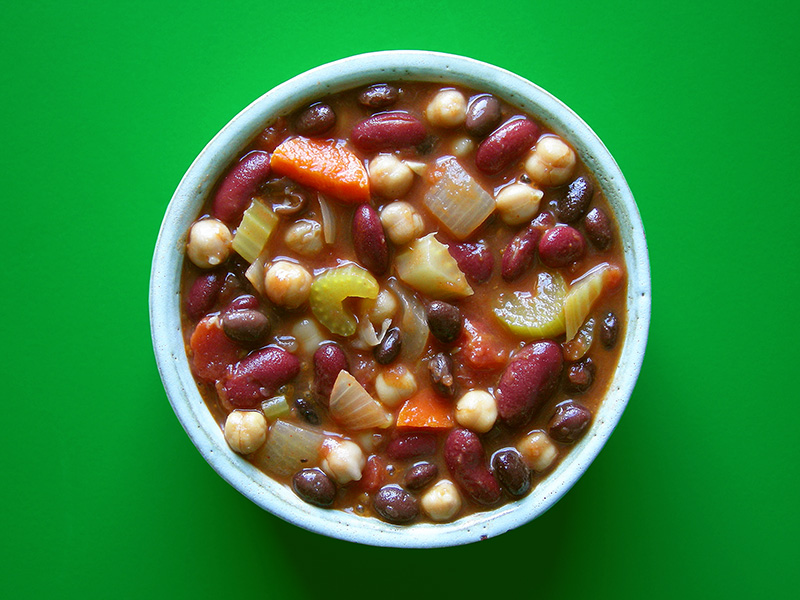 East Van Kitchen's Hearty Vegan Chili: kidney beans, chickpeas, black beans, celery, carrots, onions